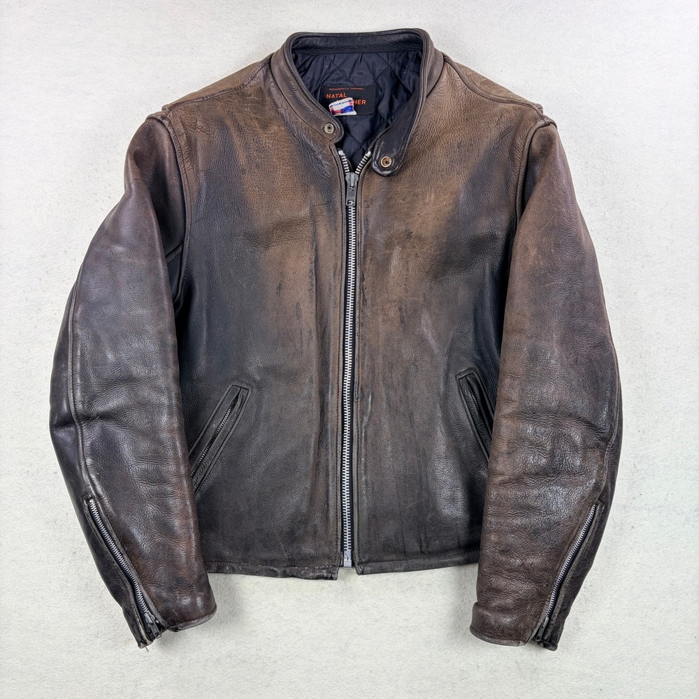 Vintage Natal Leather Cafe Racer Motorcycle Jacket Brown Made in USA Size 46
